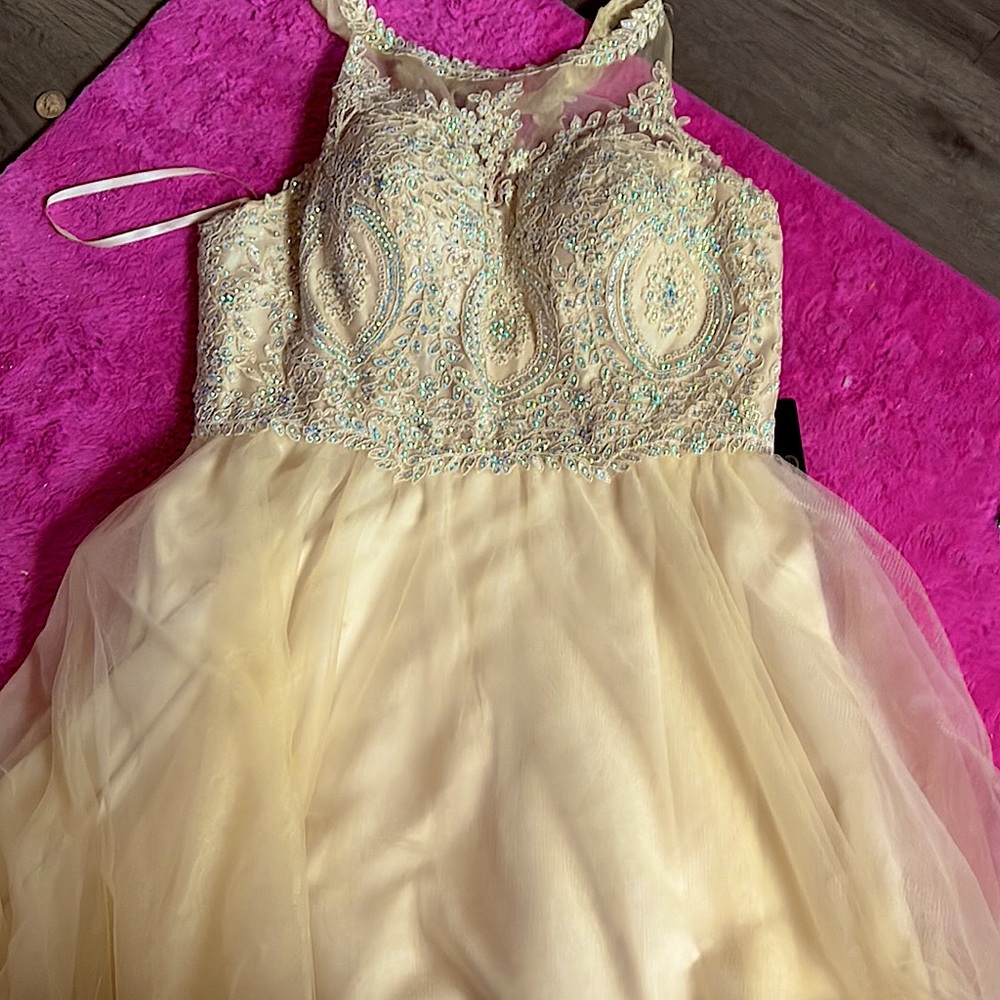 Chicas Gold and Blue Embellished Tiered Gown for Prom